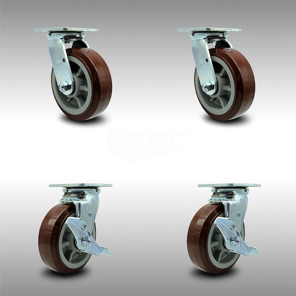 6 Inch Stainless Steel Polyurethane Swivel Caster Set with Roll Bearing 2 Brakes